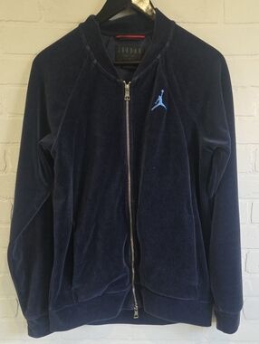 Jordan Navy Velour Full-Zip Bomber Jacket with Light Blue Jumpman